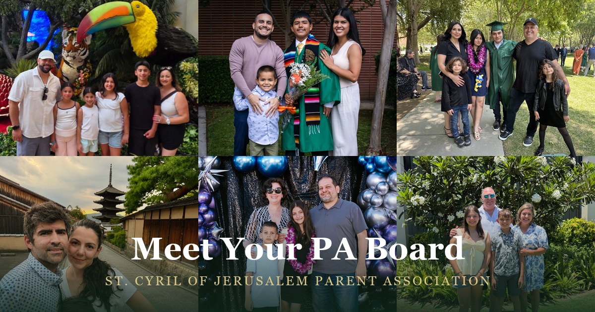 Collage of the six SCJ Parent Association board members and their families, titled Meet Your PA Board