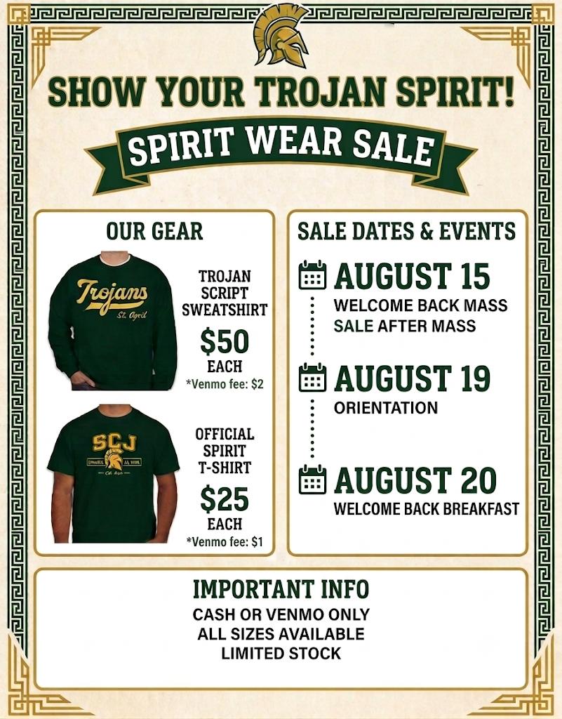 Spirit Wear Sale flyer — Trojan script sweatshirt , official spirit T-shirt , cash or Venmo only, limited stock