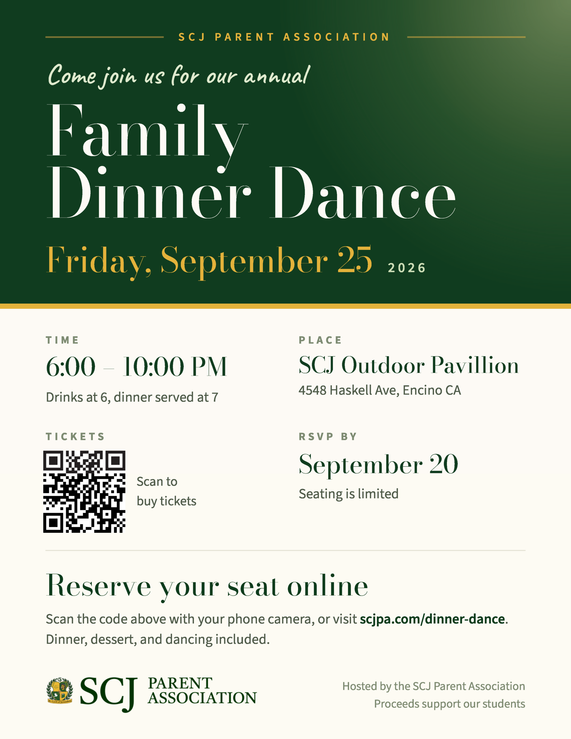Family Dinner Dance flyer — Friday, September 25, 2026, 6:00–10:00 PM at the SCJ Outdoor Pavilion, 4548 Haskell Ave, Encino; RSVP by September 20 at scjpa.com/dinner-dance