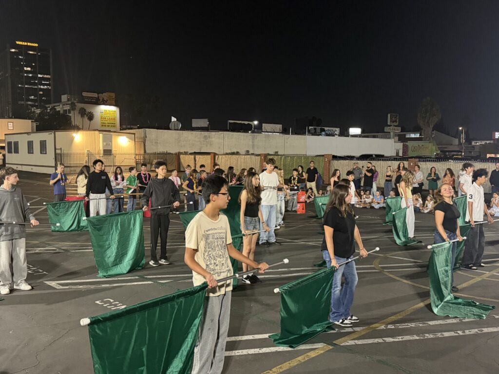 Kids waving green flags on the dance floor