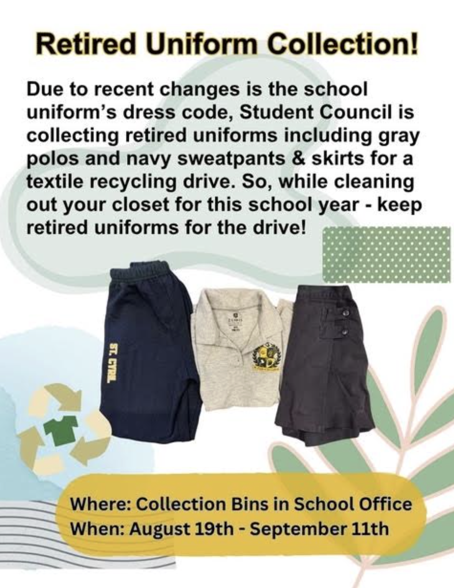 Retired Uniform Collection flyer — Student Council textile recycling drive, collection bins in the school office, August 19 through September 11