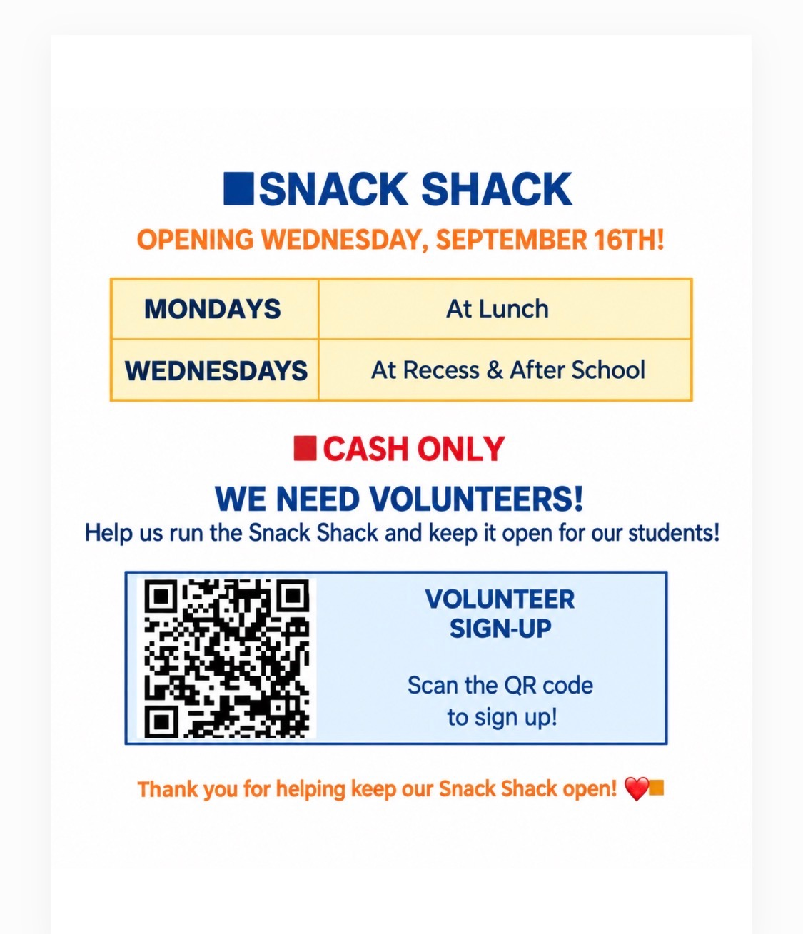 Snack Shack flyer — open Mondays at lunch and Wednesdays at recess and after school starting September 16; cash only; scan the QR code to volunteer