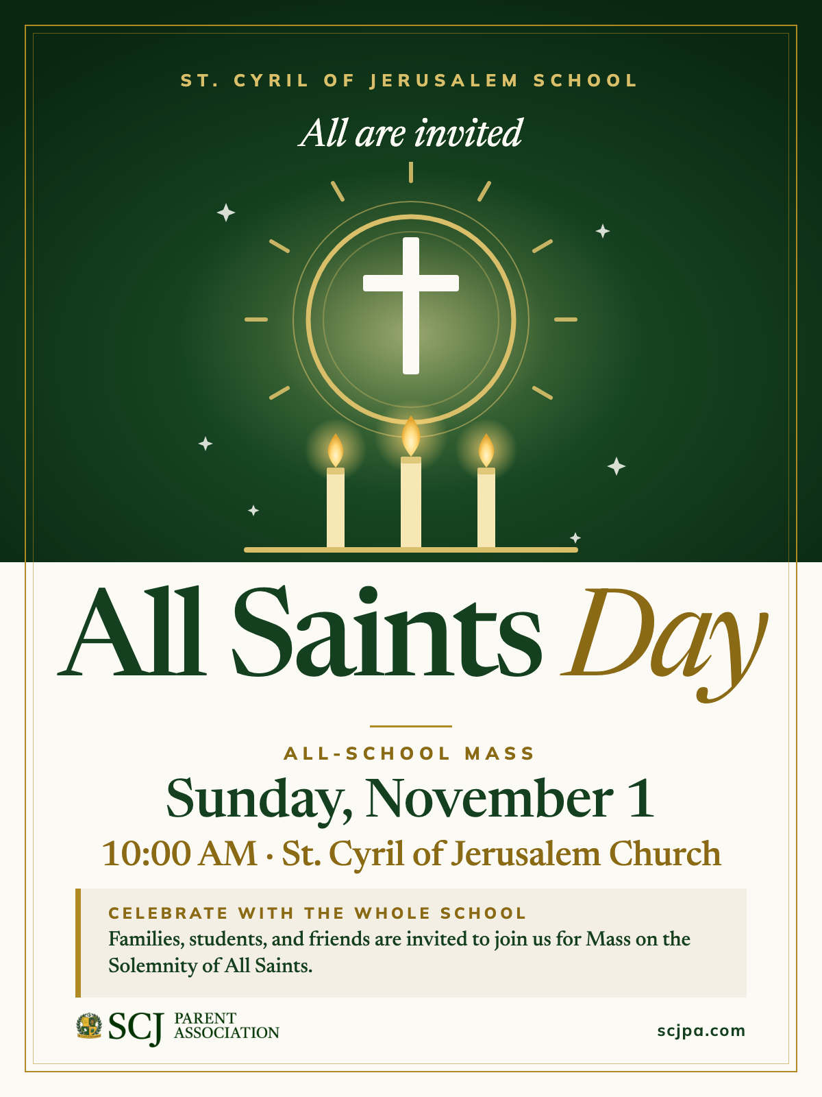 All Saints Day All-School Mass — Sunday, November 1, 2026, 10:00 AM at St. Cyril of Jerusalem Church; all are invited