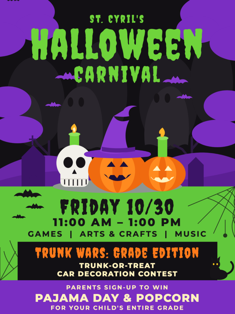 Halloween Carnival flyer — Friday, October 30, 2026, 11:00 AM–1:00 PM; games, crafts, music, trunk-or-treat and Trunk Wars: Grade Edition