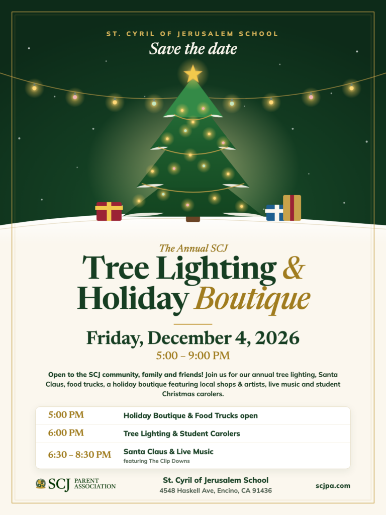 Tree Lighting and Holiday Boutique save-the-date flyer — Friday, December 4, 2026, 5:00–9:00 PM; boutique and food trucks at 5, tree lighting and carolers at 6, Santa and live music 6:30–8:30